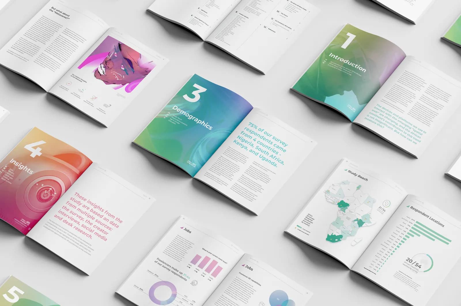 Africa XR Report — open spreads with maps, demographics, and insights
