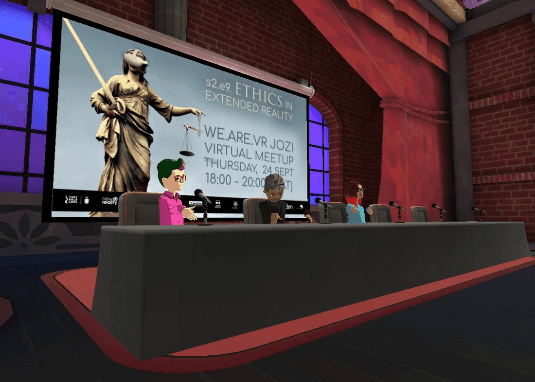 AltspaceVR avatars at a panel table, Ethics in XR night