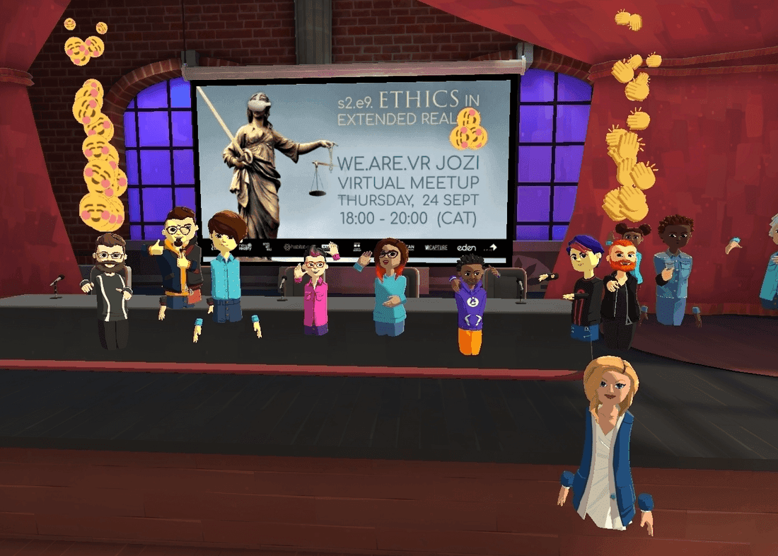 AltspaceVR avatars waving in front of a panel table, "Ethics in Extended Reality" on the screen behind