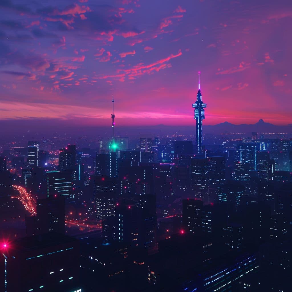 Illustration: neon Johannesburg skyline at dusk