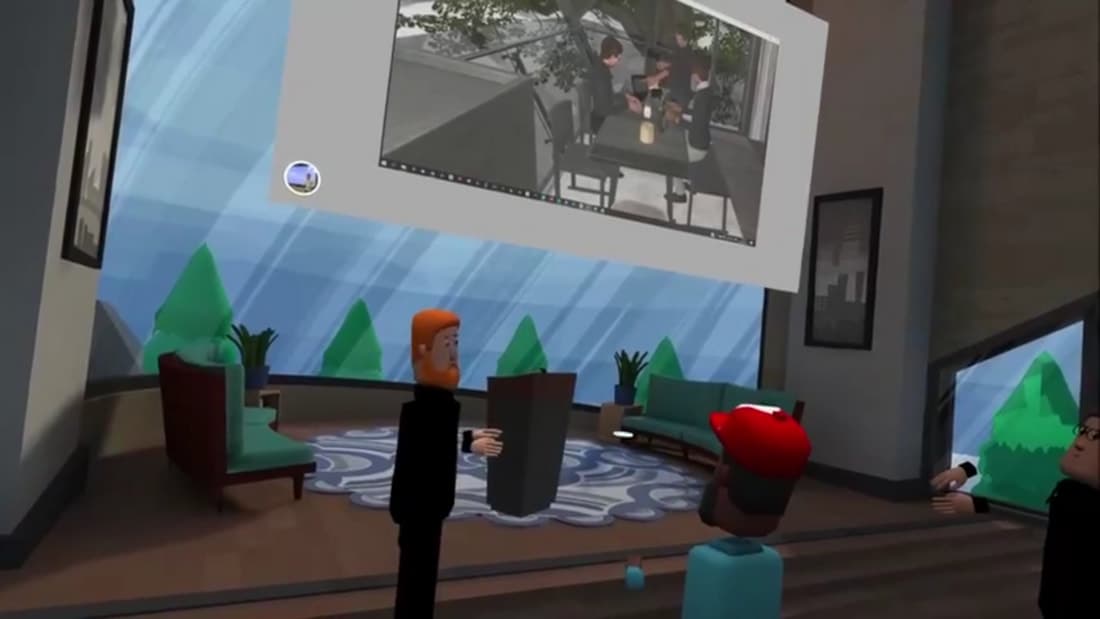 AltspaceVR avatar at a podium under a shared screen showing a 3D meeting room