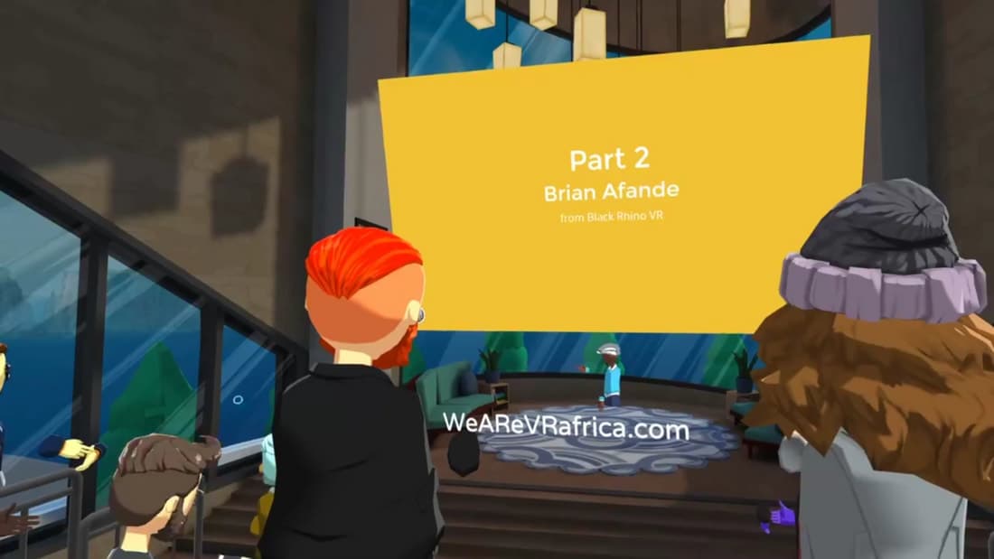 AltspaceVR audience avatars facing a slide reading "Part 2, Brian Afande from Black Rhino VR"